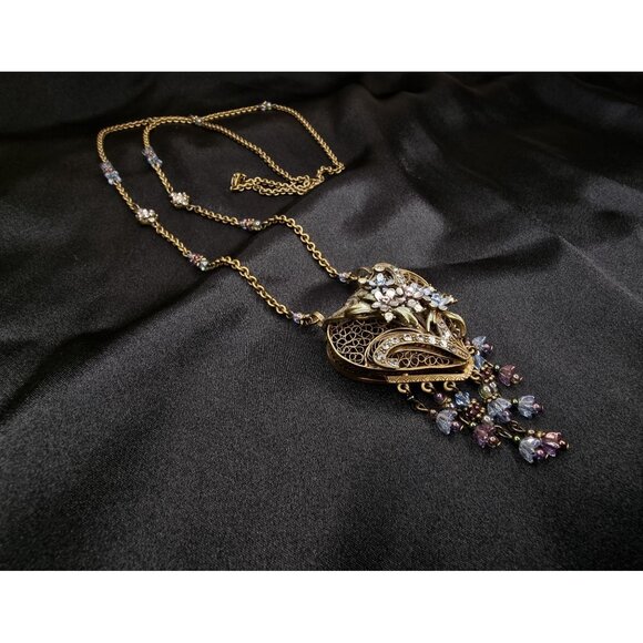 Vintage-Inspired SWEET ROMANCE Signed Floral Heart Long Locket Necklace With Cry - Picture 3 of 7